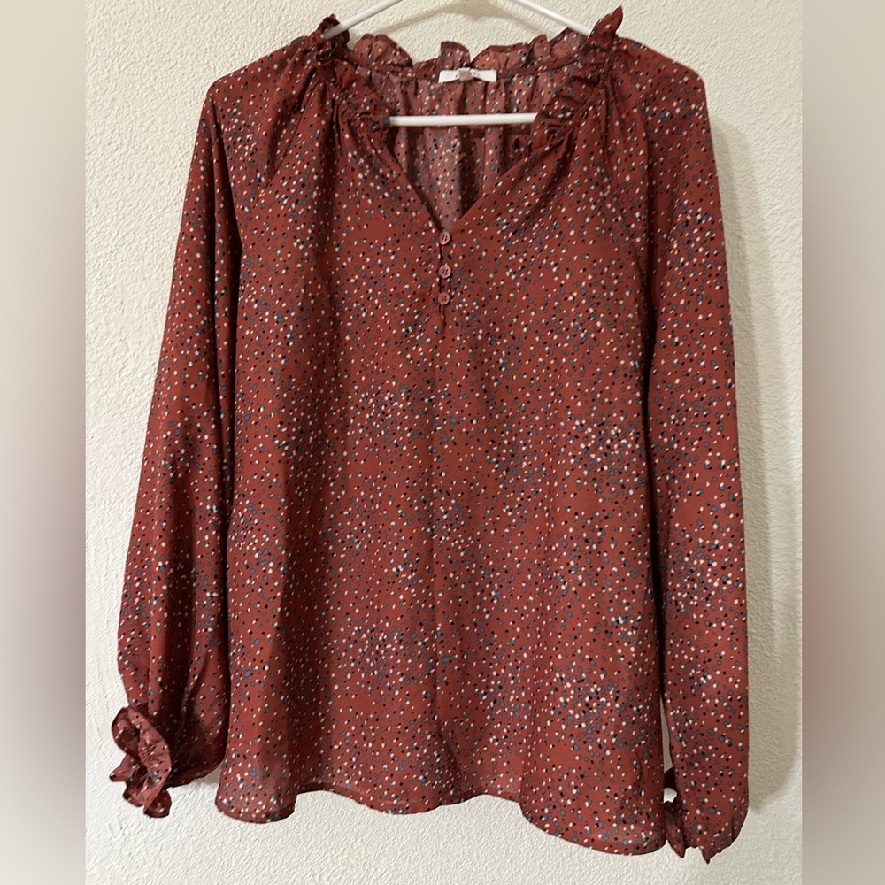 Pleione Blouse Women Burnt Orange Polka Dot Print Long Sleeve B Neck Size L